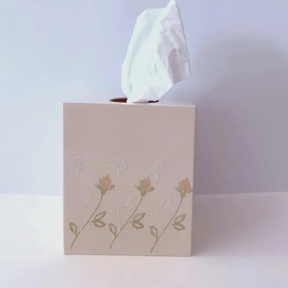 Vintage Plastic Tissue Box Cover Pink Peach Raised Orange White Flowers Japan 5”